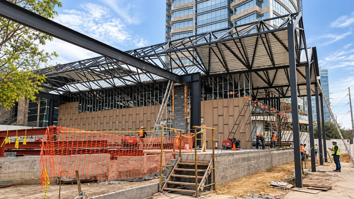 Estructura metálica en obra de la tienda Lululemon en Plaza Arboleda, San Pedro Garza García